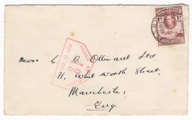 Gold Coast 1939 Neat censored cover to UK, 1d Empire rate, PBC42 in red