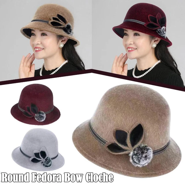 Femmes Dame Vintage Laine Ronde Fedora Arc Cloche Derb Chapeau Feutre Jazz] B I0
