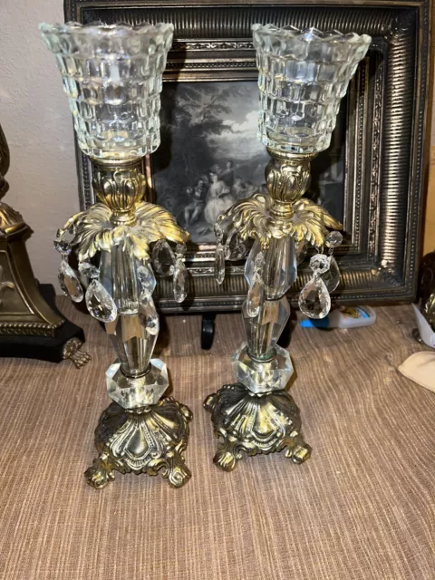 Pair Vintage Hollywood Regency Style Ornate Gold cast Brass  Candlestick Holders