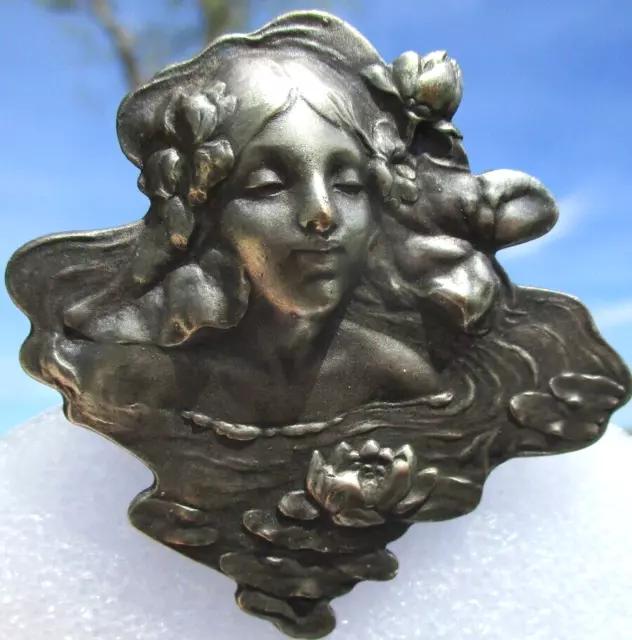 Vintage Antique French GIRL IN WATER~LOTUS FLOWERS Realistic White Metal Button