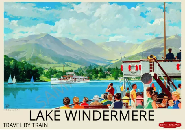 Vintage Railway Poster Lake Windermere Boats MV Teal + Swan Art Deco PRINT A4 A3