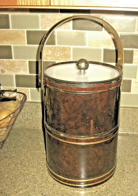 Georges Briard Tall Ice Bucket  MCM Vinyl Faux Burled Wood Look Golden USA