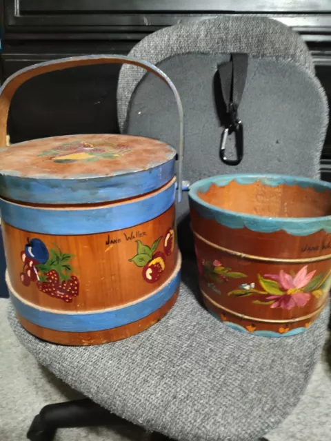 2 Antique Primitive Old Hand Painted Floral Wooden Pail Bucket