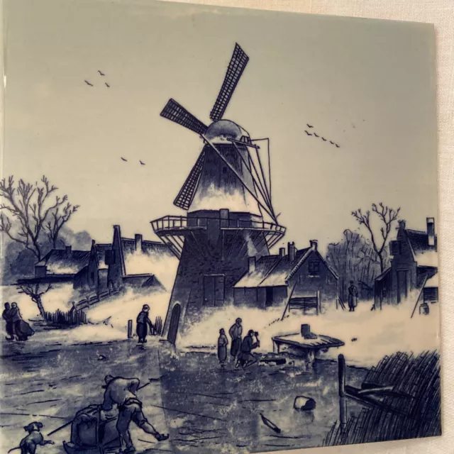 Vtg Royal Mosa Dutch Tile Windmill in Winter Delft Blauw Hand Painted Holland