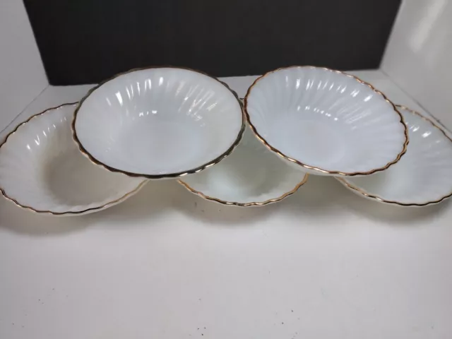 Fire King 7.5” Salad Bowls Swirl Milk Glass Gold Trim Anchor Hocking  Set of 5