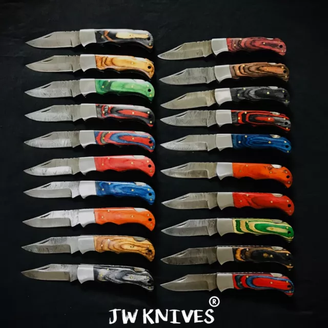 LOT of 20 pcs Damascus Steel Hunting Folding knife, Pocket Knives w/ Sheath JWK