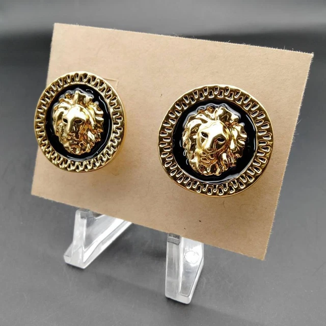 Roman Style Lion Sculpture Cameo K18GP Vintage Earrings