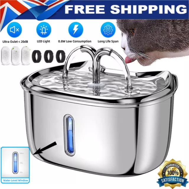 2.5L Cat Water Fountain Stainless Steel Pet Dog LED Automatic Drinking Dispenser