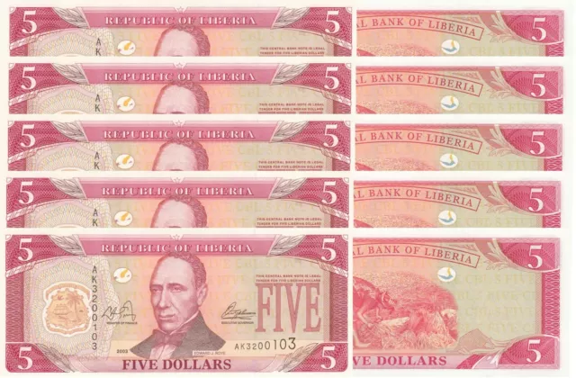 LOT, Liberia 5 Dollars (2003) p26a x 5 PCS UNC