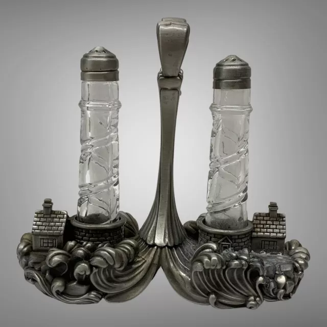 Lenox Silver Seas Lighthouse Lead Crystal Salt & Pepper Shakers Set Pewter Caddy