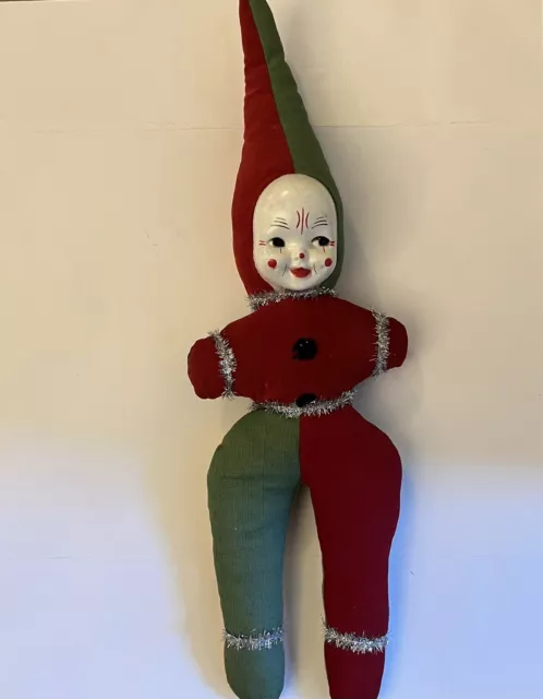 Giant 28” Vtg 40s Xmas Elf Pixie Clown Carnival Doll Hard Face Kitschy Creepy