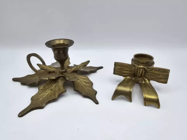 2 Vintage Christmas Brass Candle Stick Holders Holly Leaf Poinsettia & Bow