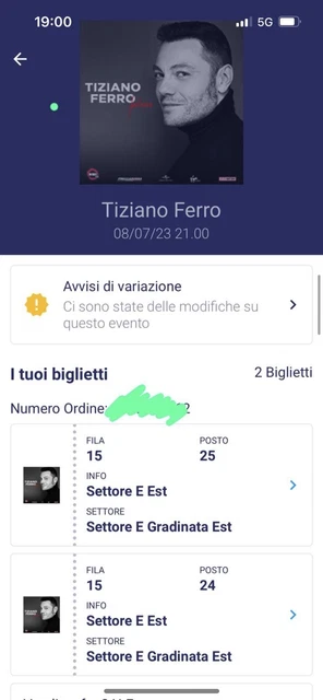2 Biglietti per il concerto dell’ 8 luglio ad Ancona di Tiziano Ferro