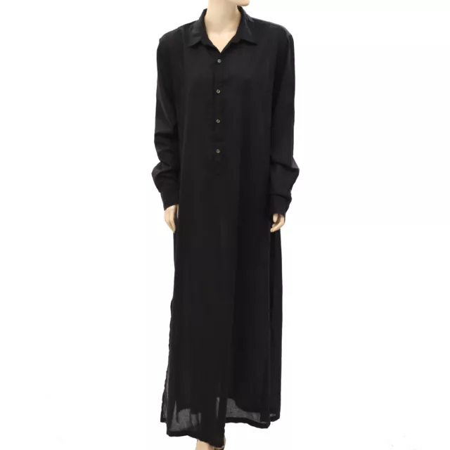 Nili Lotan Solid Long Sleeve Cotton Long Maxi Dress Black Collared M New 257952