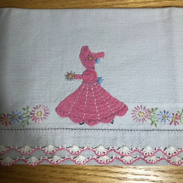 Vintage Crochet Crinoline Lady Pink Trim Embroidered Light Gray Hand Tea Towel 3