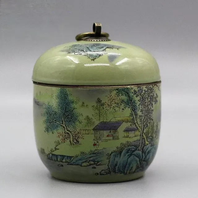 Vintage Chinese Porcelain Pastel Landscape Painting Pattern Tea Caddy Jar