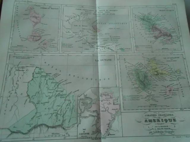 Carte Colonies Francaises Cayenne Guadeloupe Martinique etc en couleur 19ème