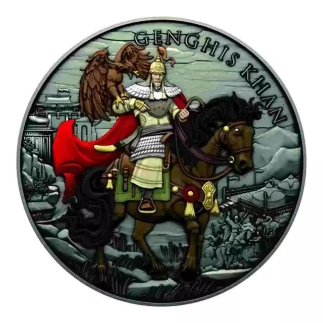 1 OZ plata Genghis Khan serie Warriors acabado antiguo color