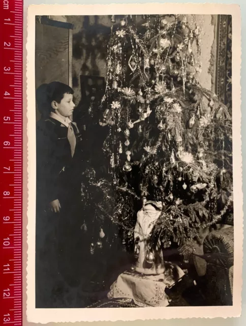 1960 Soviet Pioneer Christmas Tree XMas Schoolboy USSR Scout Boy Vintage Photo