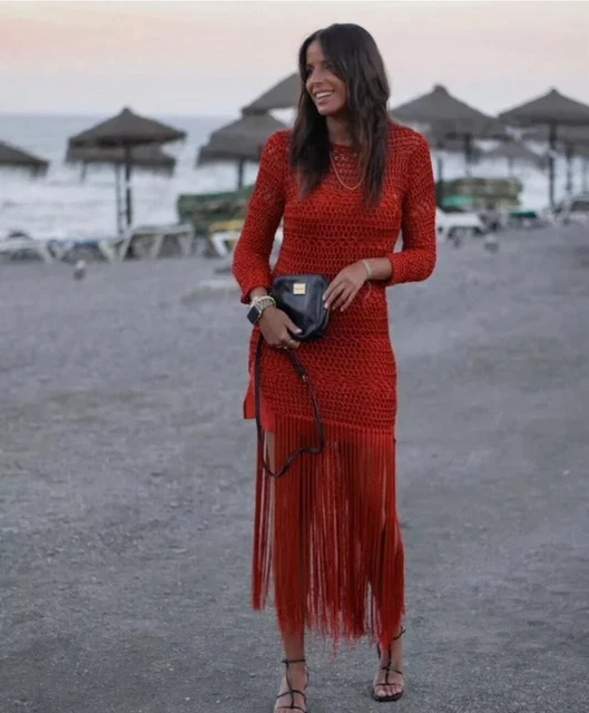 ZARA CROCHET KNIT DRESS WITH FRINGING RED Size S 1957/019 52.69 - PicClick  UK