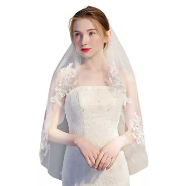 1.5M One-Layer Women Mesh Fingertip Short Wedding Veil Embroidery Floral Lace Pa
