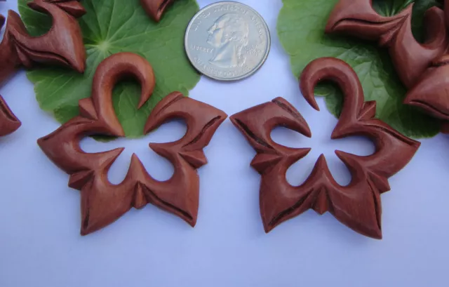 Pair Organic Sawo Wood Star Flower Tribal Floral Spirals Ear Expander Plug Gauge