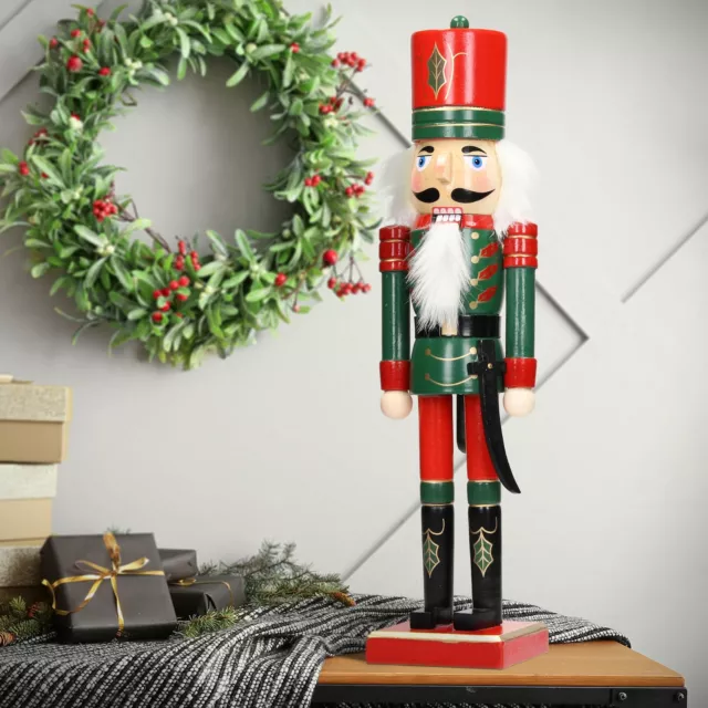 Soldado cascanueces de madera decoracion de navidad 25 cm figura con gorro rojo