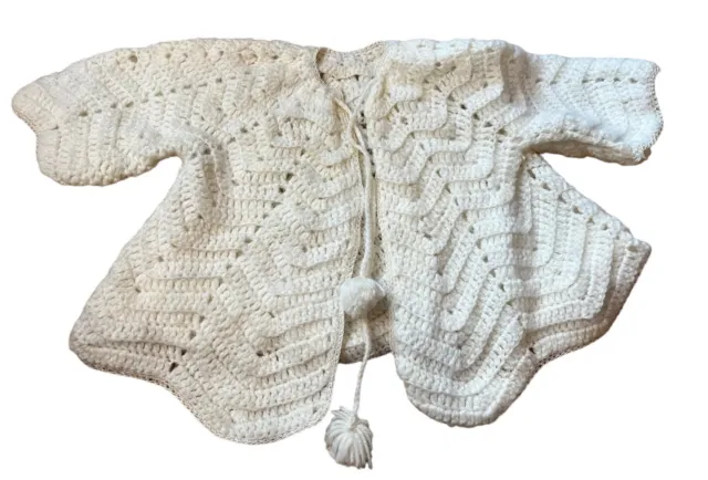 Vintage Baby Hand Knit Crochet Infant White Sweater Open Weave READ