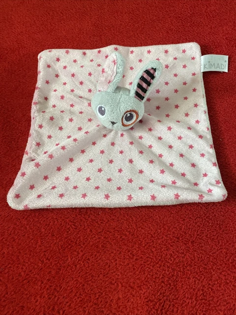 🇫🇷 Doudou plat Lapin Gris Cocard Carré Blanc Rose Extra Doux KEMADI TTBE 3