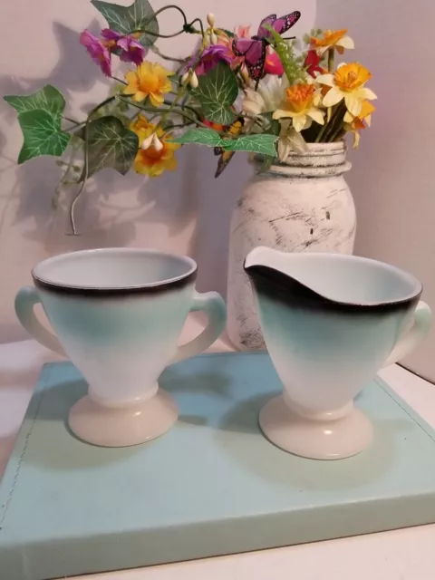 Vintage Hazel Atlas Ovide Platonite Creamer & Sugar in Turquoise Coal