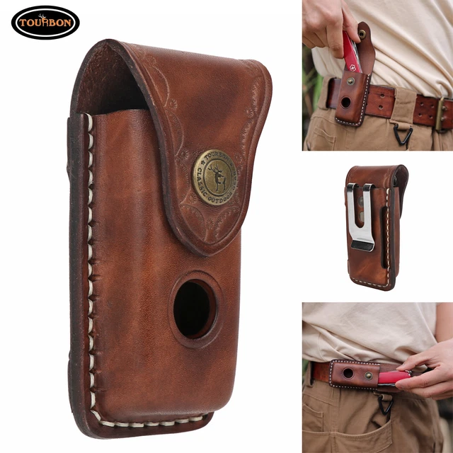 TOURBON LEATHER KNIFE Sheath Pocket Folding Knives Case Belt Pants Clip