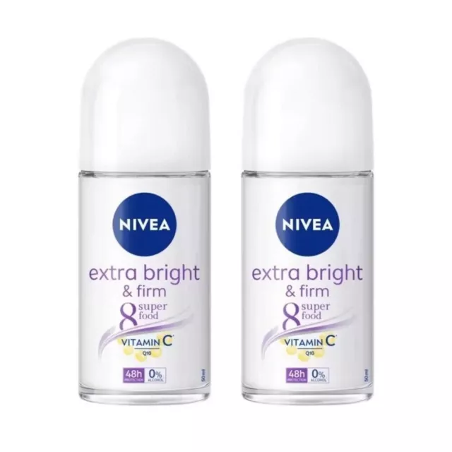 2 X Nivea Extra Bright & Firm Roll On 8 Super Food, Vitamin C & Q10 50ml