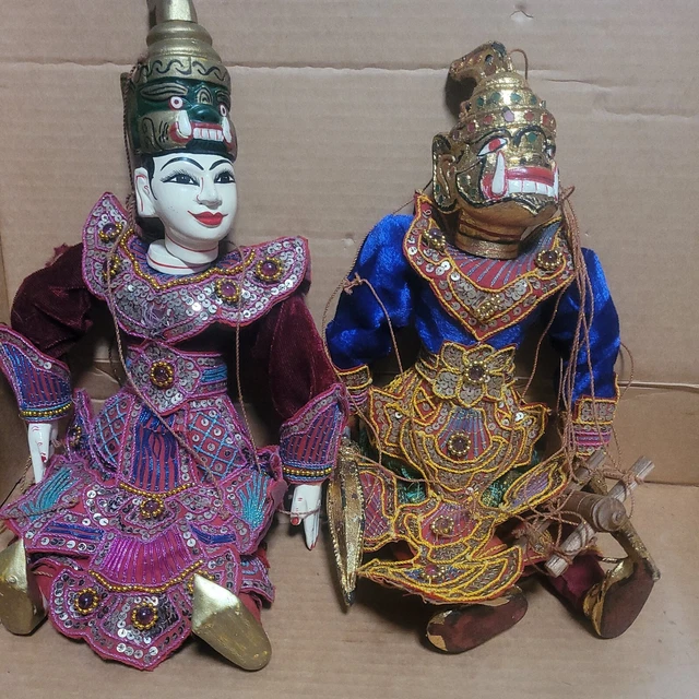 2 Antique Carved Wood Wooden Burmese Hand Made Marionette String Puppet, Rare