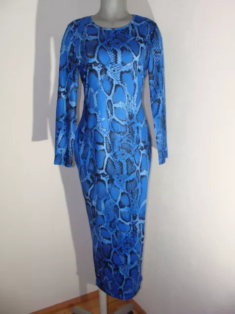 Vintage Peppiges Schlangen Print Kleid Blau Schwarz Stretch Stoff Gr 2XL