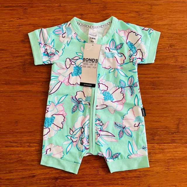 Bonds Baby Green Purple Blue Floral Short Zip Romper Wondersuit Size 000 BNWT