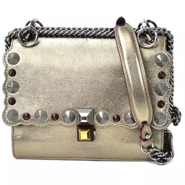 Auth FENDI KAN I Crossbody Shoulder Bag Metallic Gray Gold Leather/Studs e55143f