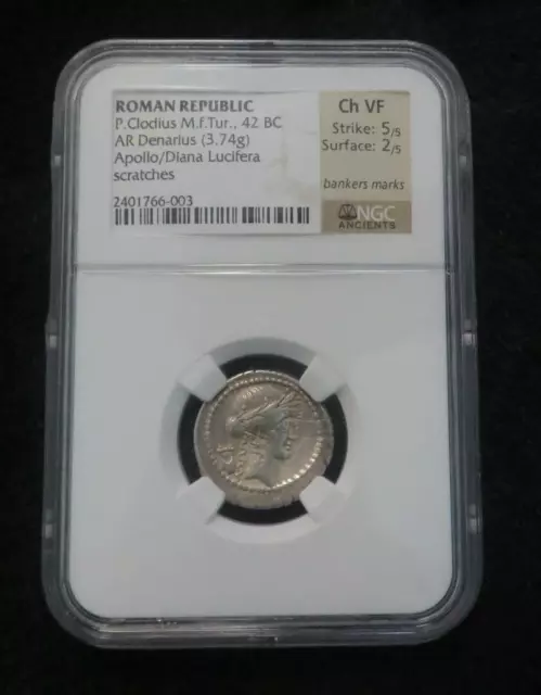 42 B.C. Roman Republic * P. Clodius M.f.Tur * NGC Graded * Lucifera *AR Denarius