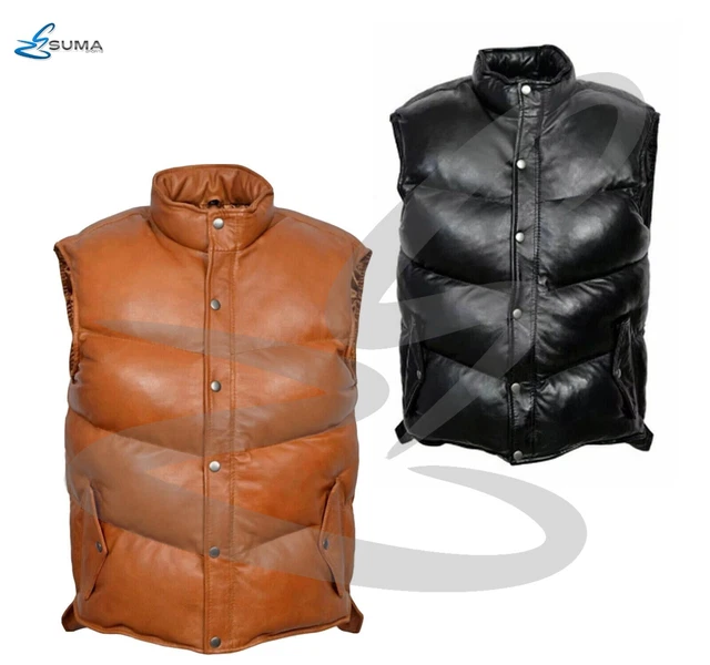 Men's Genuine Soft Lambskin Leather Bubble Puffer Vest Black & Tan  Size Xxs~3Xl