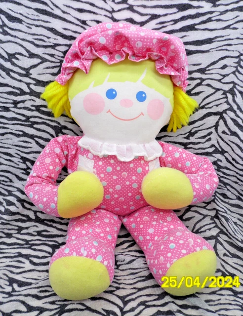 Ancienne peluche poupée chiffon bleu carreaux FISHER PRICE 1975 Vintage