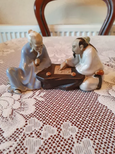 Vintage Chinese Shiwan Mudman Ceramic Figurine Two Men Playing Mahjong Game