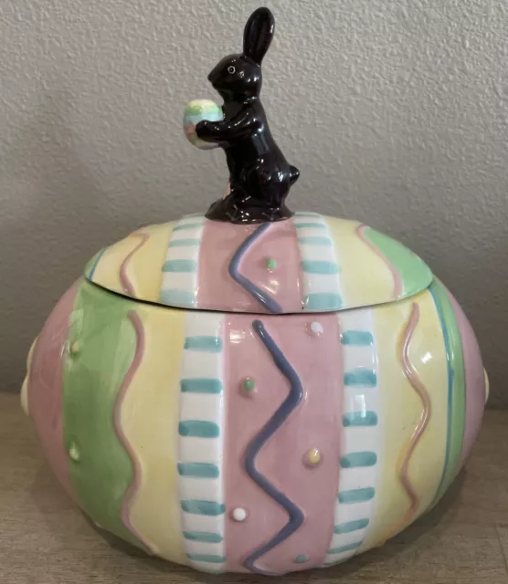 Home Interiors Chocolate EASTER Bunny & Egg COOKIE JAR Container with Lid RARE!