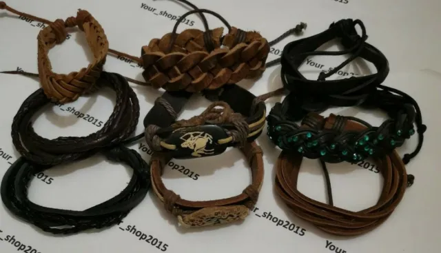 4 Mens Women Real Leather Bracelet Wristband Bangle Punk Cool Beaded Wrap Gifts