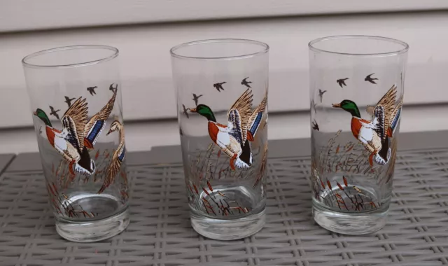 3 Vintage Libbey Glass Mallard Duck Hunting Lodge Bar High Ball Glasses