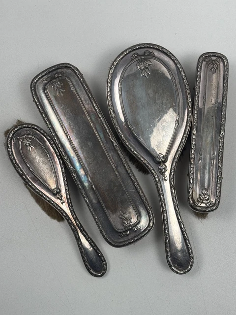 Nécessaire De Toilette Ancien En Argent - 6 Objets - Etui Cuir - France - Occasion