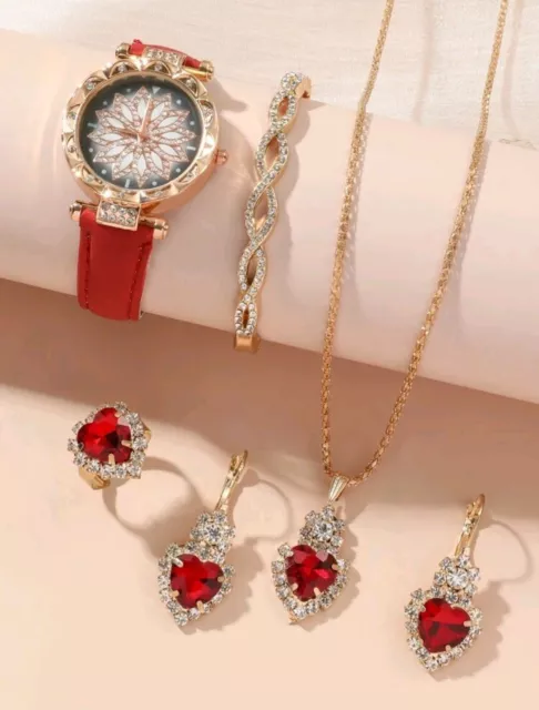 Armbanduhr Modeschmuck set Uhren Damen Frauen Mädchen Golden Rot Strass Geschenk