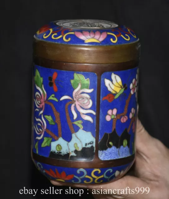 5.2" alte chinesische Kupfer blaue Cloisonne Dynastie Blume Vogel Tee Jar