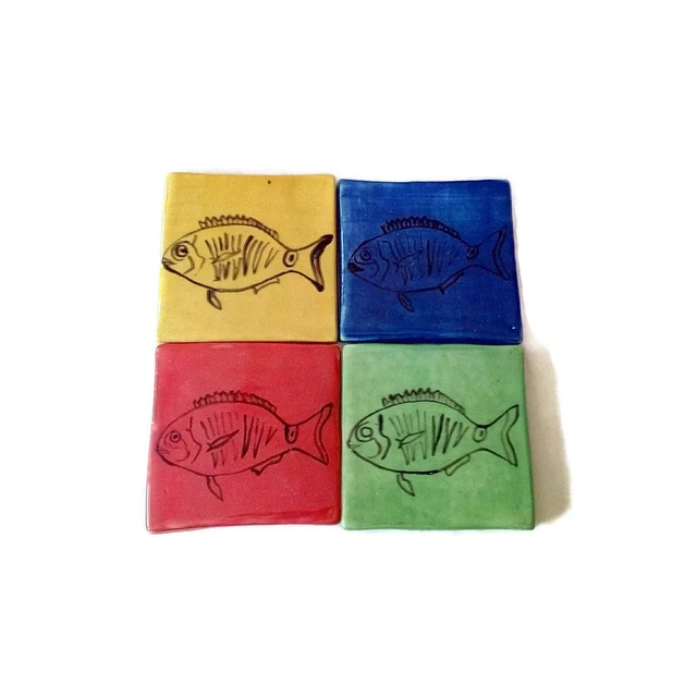 1PC Hand Painted Fish Tile, Square Mosaic Tiles, Handmade Ceramic Wall Tiles
