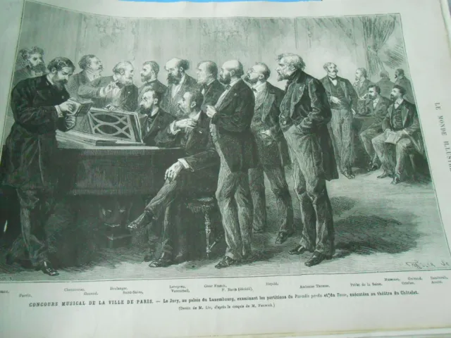 Gravure 1878 - Concours musical de la ville de Paris Jury exmanine partitions