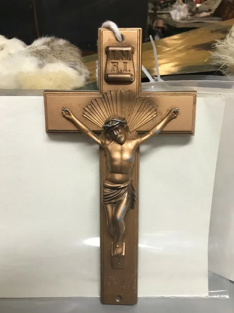 VTG casket funeral large crucifix~Cross~Metal JESUS Religious~INRI Parsons 11"