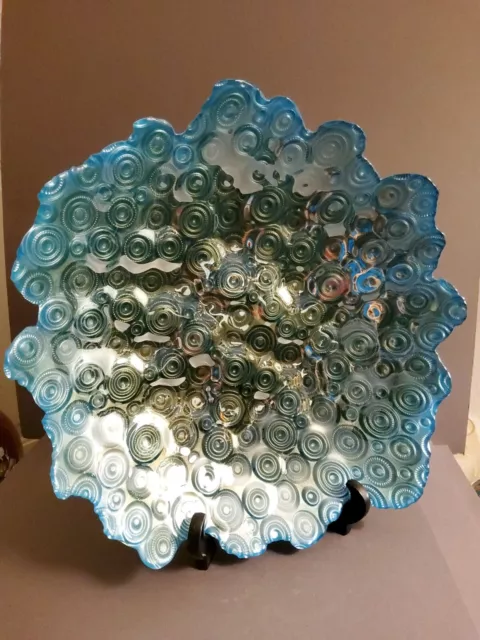 Teal Swirl Circular Pattern Art Glass Centerpiece Bowl